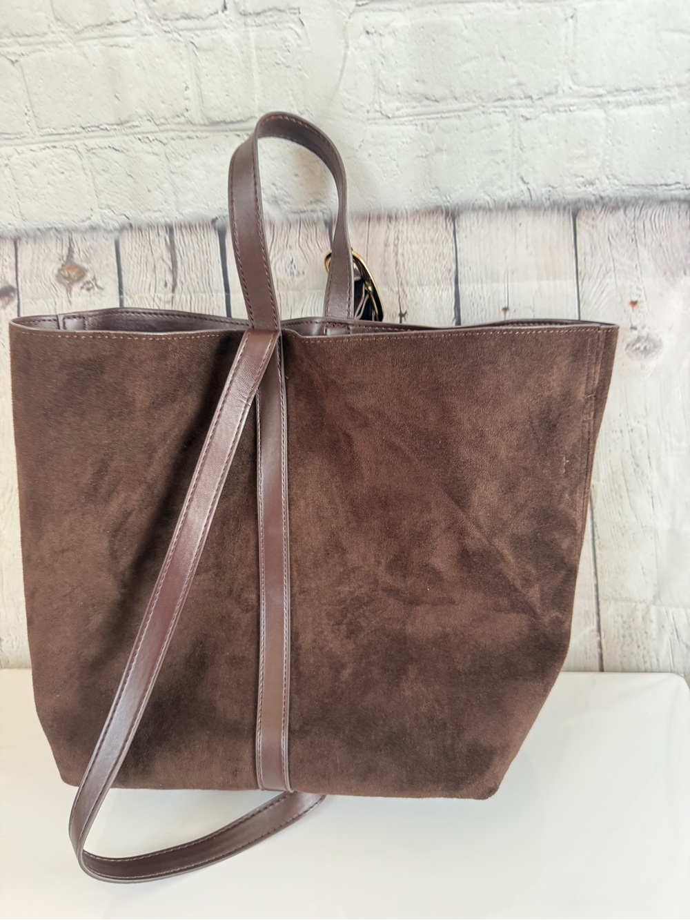 Old Navy Classic Dark Brown Suede Tote with Leather Trim
